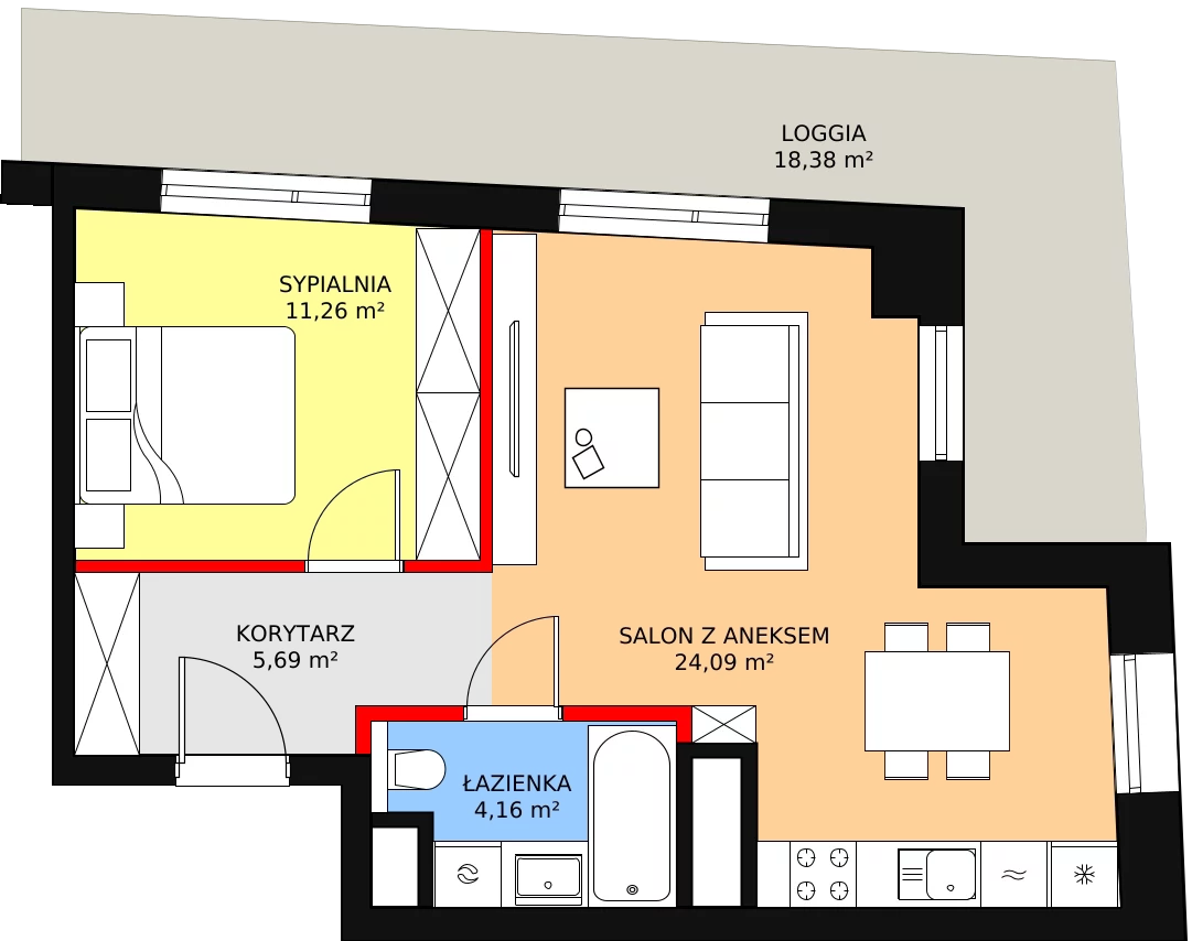 2 pokoje, mieszkanie 45,20 m², piętro 10, oferta nr A-10-131A, ATAL Olimpijska, Katowice, Bogucice, ul. Olimpijska / al. Korfantego