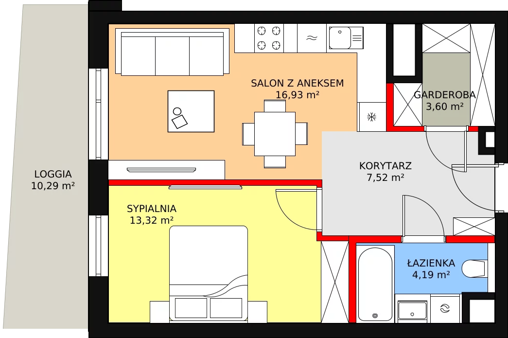 2 pokoje, mieszkanie 45,56 m², piętro 2, oferta nr A-02-21A, ATAL Olimpijska, Katowice, Bogucice, ul. Olimpijska / al. Korfantego