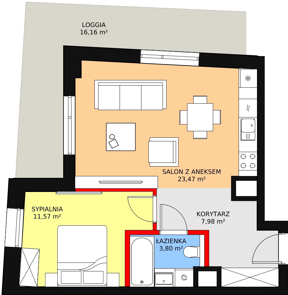 2 pokoje, mieszkanie 46,82 m², piętro 2, oferta nr A-02-24A, ATAL Olimpijska, Katowice, Bogucice, ul. Olimpijska / al. Korfantego