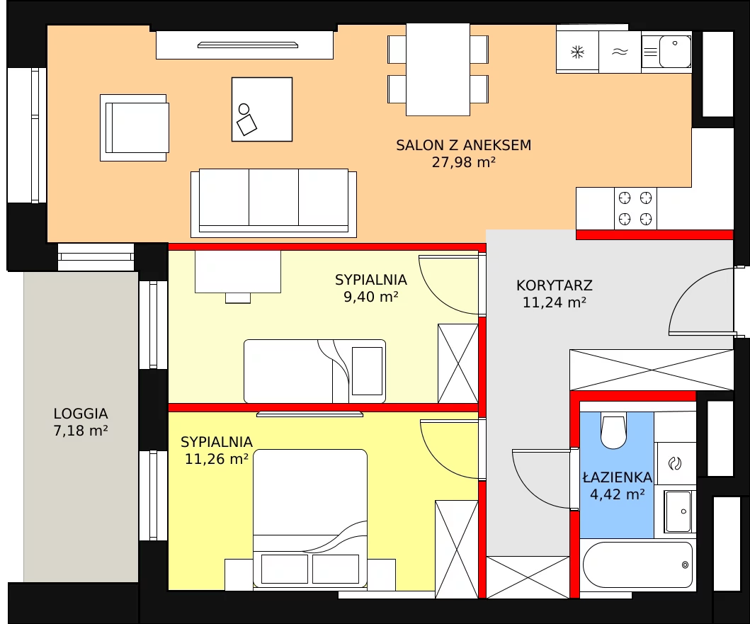 3 pokoje, mieszkanie 64,30 m², piętro 1, oferta nr B-01-05B, ATAL Olimpijska, Katowice, Bogucice, ul. Olimpijska / al. Korfantego