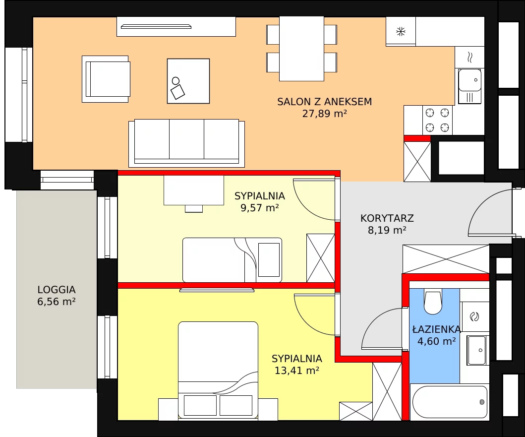 Mieszkanie 63,66 m², piętro 12, oferta nr B-12-92B, ATAL Olimpijska, Katowice, Bogucice, ul. Olimpijska / al. Korfantego