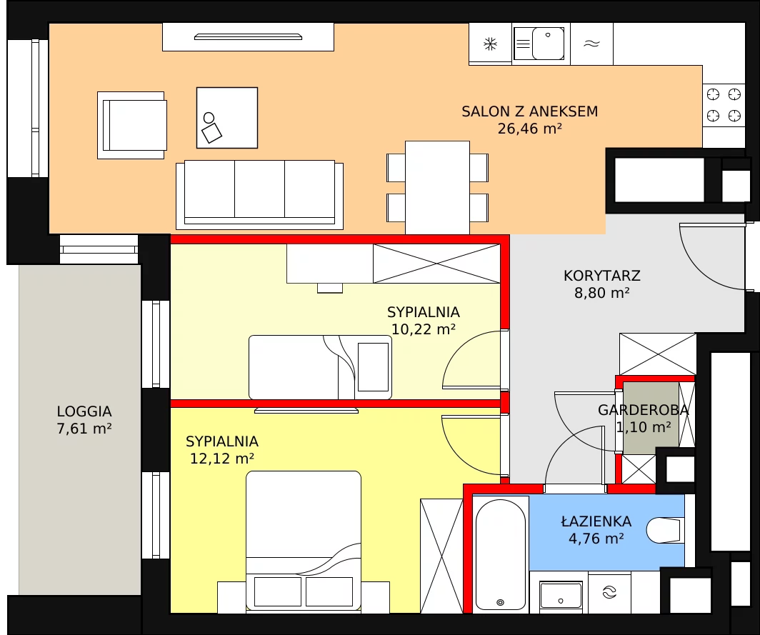 Mieszkanie 63,46 m², piętro 12, oferta nr B-12-94B, ATAL Olimpijska, Katowice, Bogucice, ul. Olimpijska / al. Korfantego