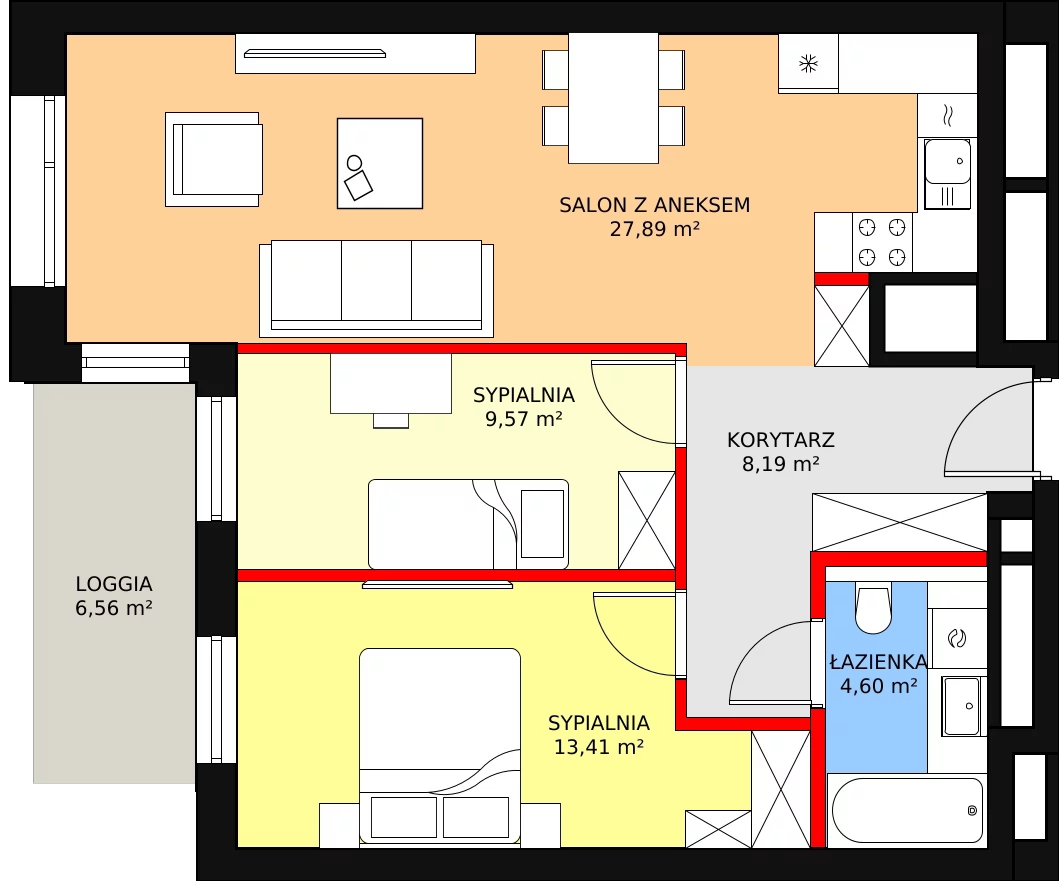 Mieszkanie 63,66 m², piętro 13, oferta nr B-13-100B, ATAL Olimpijska, Katowice, Bogucice, ul. Olimpijska / al. Korfantego