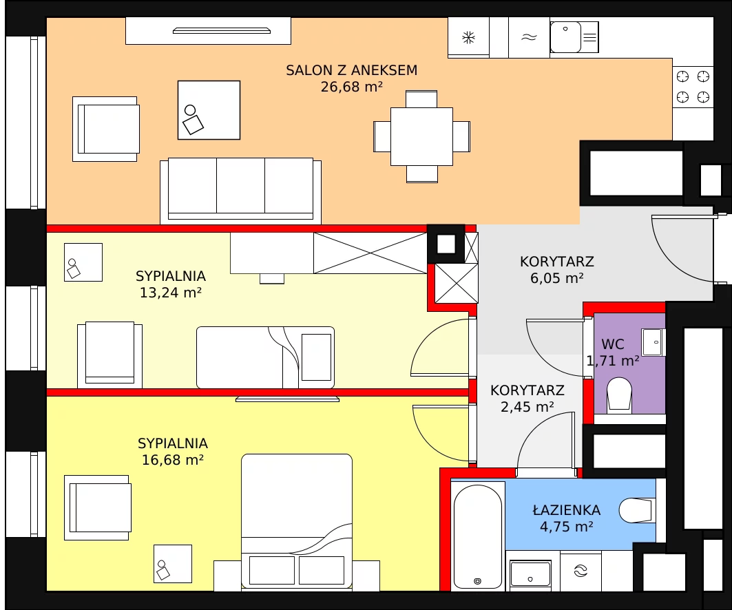 3 pokoje, mieszkanie 71,56 m², piętro 17, oferta nr B-17-134B, ATAL Olimpijska, Katowice, Bogucice, ul. Olimpijska / al. Korfantego