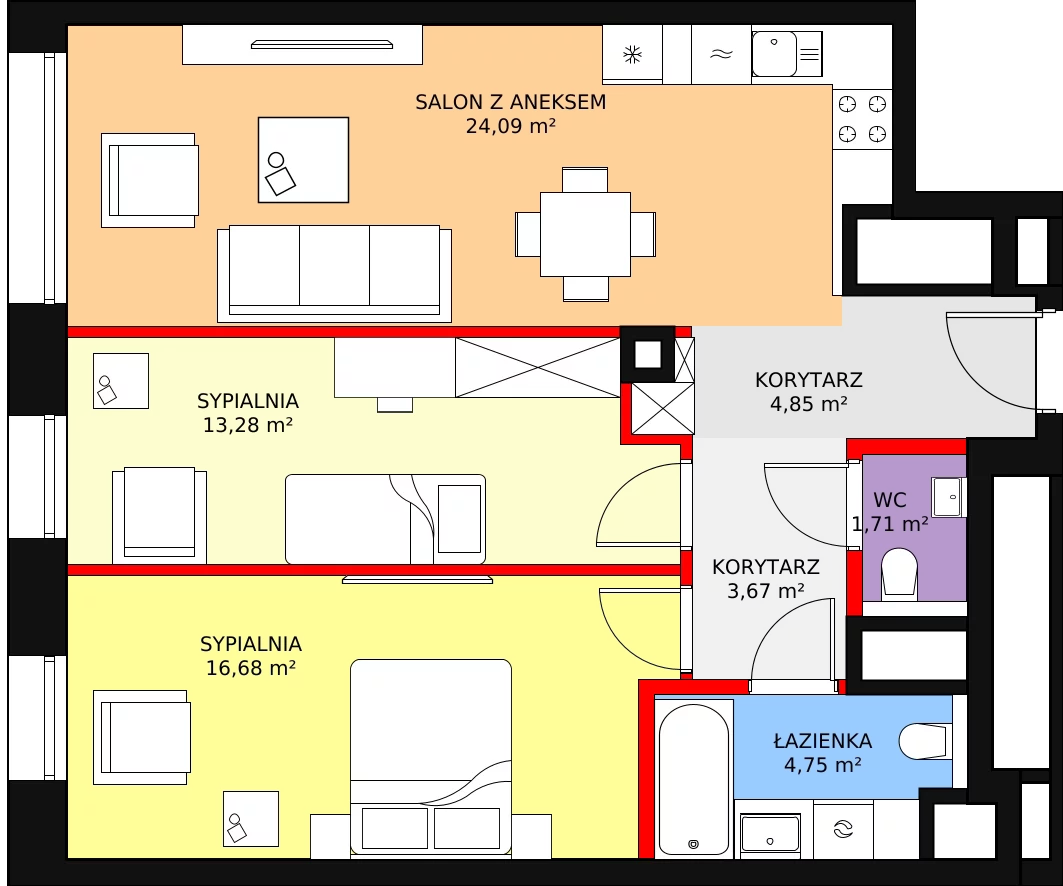 3 pokoje, mieszkanie 69,03 m², piętro 18, oferta nr B-18-142B, ATAL Olimpijska, Katowice, Bogucice, ul. Olimpijska / al. Korfantego