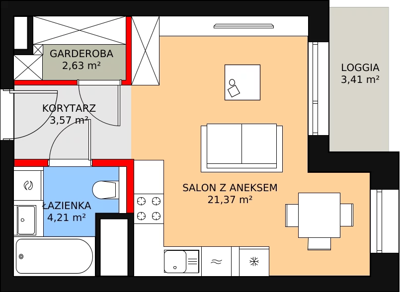 1 pokój, mieszkanie 31,78 m², piętro 2, oferta nr C-02-07C, ATAL Olimpijska, Katowice, Bogucice, ul. Olimpijska / al. Korfantego