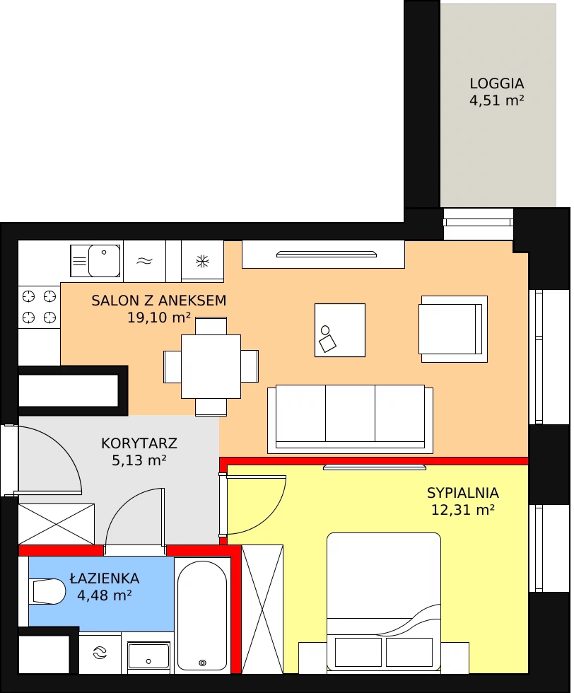 2 pokoje, mieszkanie 41,02 m², piętro 11, oferta nr C-11-119C, ATAL Olimpijska, Katowice, Bogucice, ul. Olimpijska / al. Korfantego