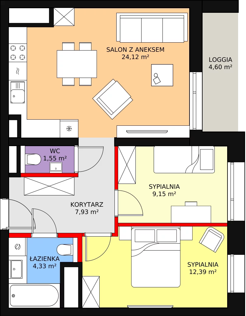 Mieszkanie 59,47 m², piętro 13, oferta nr C-13-144C, ATAL Olimpijska, Katowice, Bogucice, ul. Olimpijska / al. Korfantego