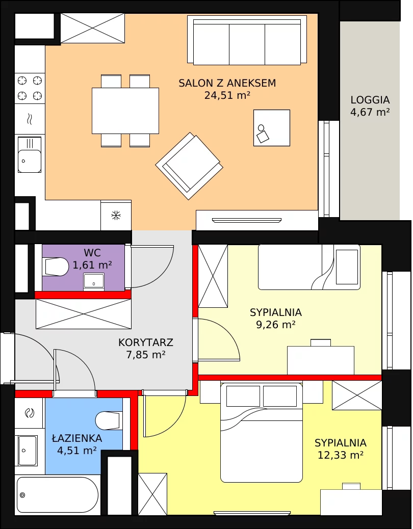 Mieszkanie 60,07 m², piętro 8, oferta nr C-08-84C, ATAL Olimpijska, Katowice, Bogucice, ul. Olimpijska / al. Korfantego