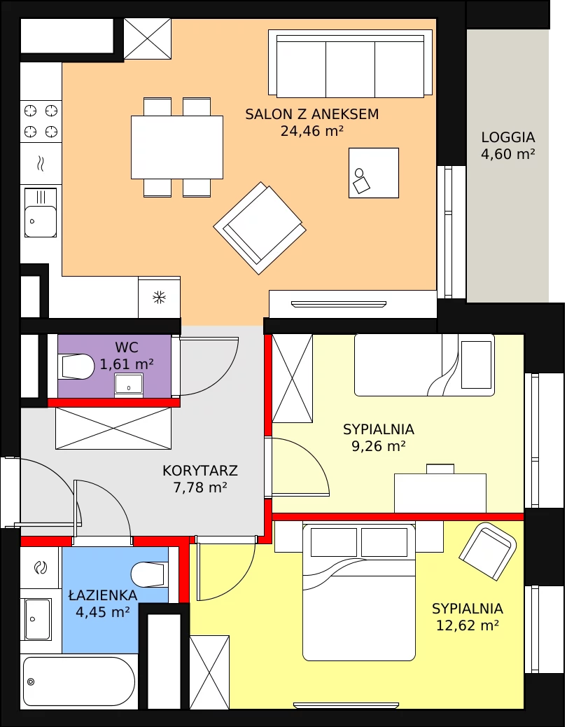 Mieszkanie 60,18 m², piętro 14, oferta nr C-14-156C, ATAL Olimpijska, Katowice, Bogucice, ul. Olimpijska / al. Korfantego