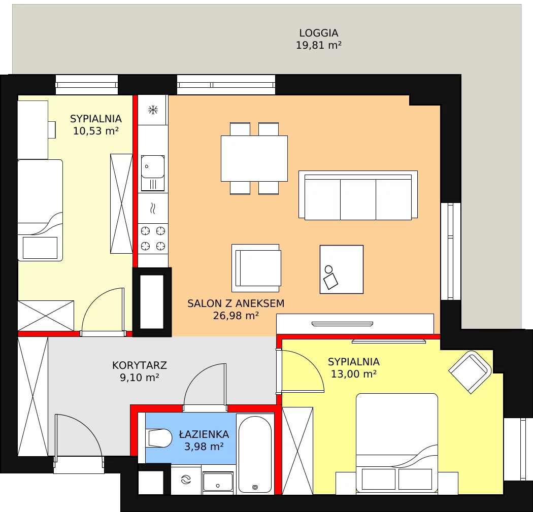 3 pokoje, mieszkanie 63,59 m², piętro 2, oferta nr C-02-15C, ATAL Olimpijska, Katowice, Bogucice, ul. Olimpijska / al. Korfantego