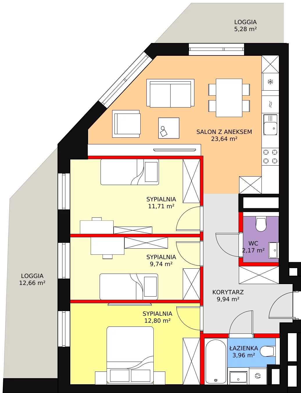 4 pokoje, mieszkanie 73,96 m², piętro 3, oferta nr C-03-27C, ATAL Olimpijska, Katowice, Bogucice, ul. Olimpijska / al. Korfantego