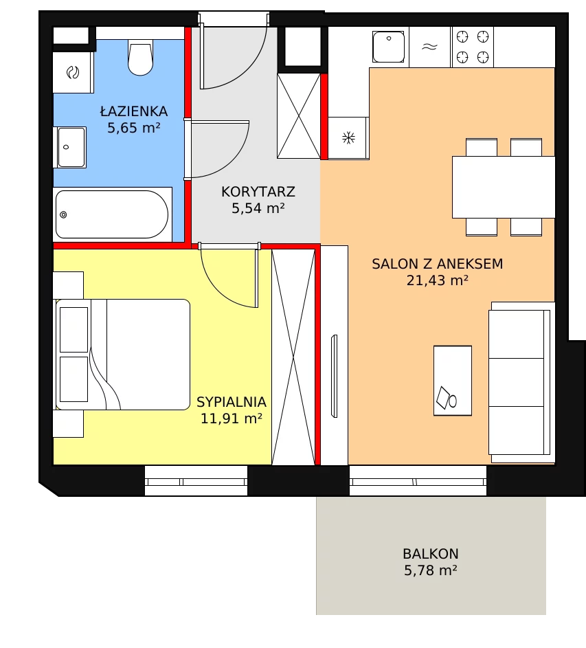 Mieszkanie 44,53 m², piętro 1, oferta nr 1A.1.07, Ogrody Geyera Apartamenty, Łódź, Śródmieście, ul. Piotrkowska 293/305