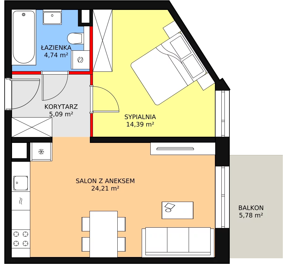 2 pokoje, mieszkanie 48,43 m², piętro 1, oferta nr 1A.1.08, Ogrody Geyera Apartamenty, Łódź, Śródmieście, ul. Piotrkowska 293/305