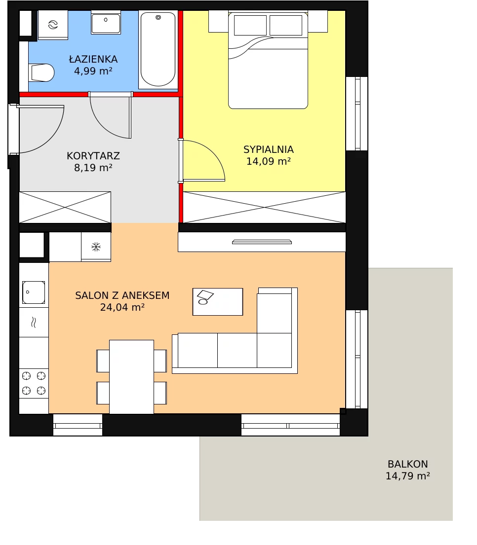 2 pokoje, mieszkanie 51,31 m², piętro 1, oferta nr 1A.1.09, Ogrody Geyera Apartamenty, Łódź, Śródmieście, ul. Piotrkowska 293/305