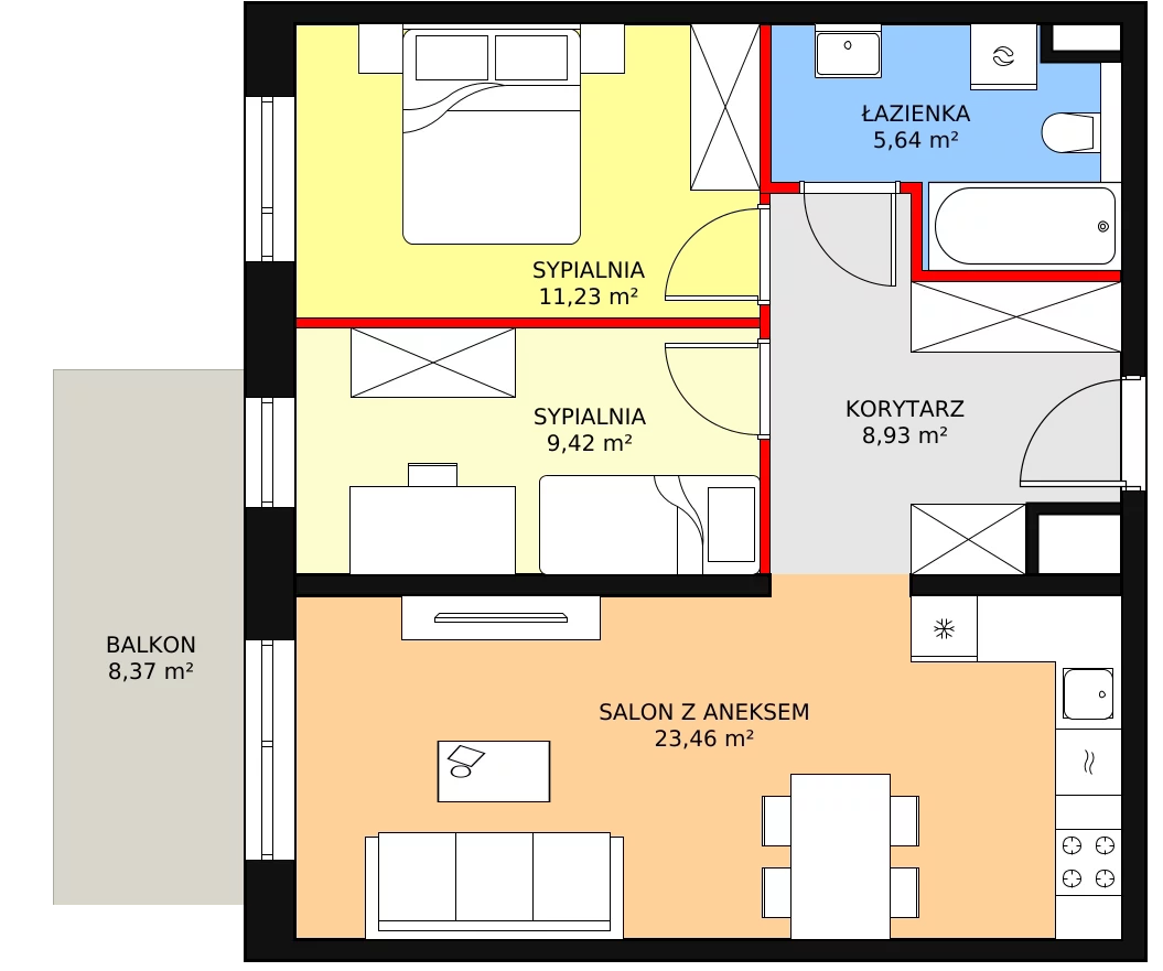 3 pokoje, mieszkanie 58,68 m², piętro 1, oferta nr 1A.1.11, Ogrody Geyera Apartamenty, Łódź, Śródmieście, ul. Piotrkowska 293/305