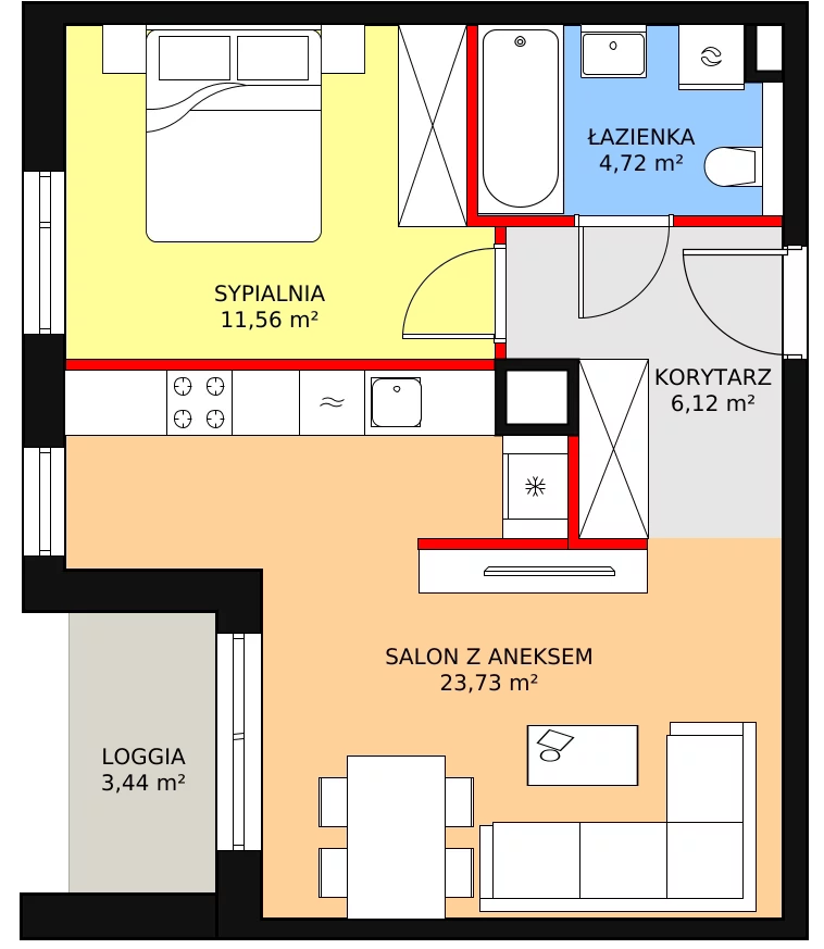 2 pokoje, mieszkanie 46,13 m², piętro 6, oferta nr 1C.6.121, Ogrody Geyera Apartamenty, Łódź, Śródmieście, ul. Piotrkowska 293/305