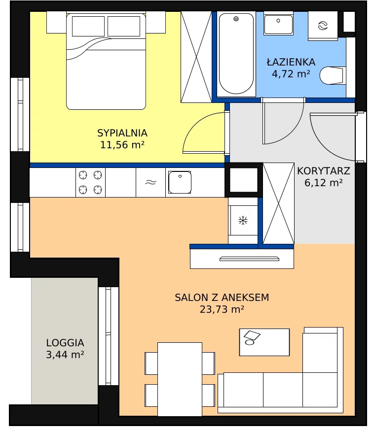 2 pokoje, apartament 46,13 m², piętro 6, oferta nr 1C.6.121, Ogrody Geyera Apartamenty, Łódź, Śródmieście, ul. Piotrkowska 293/305