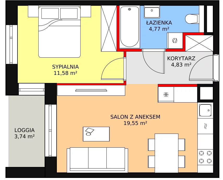 2 pokoje, mieszkanie 40,73 m², piętro 1, oferta nr 2D.1.130, Ogrody Geyera Apartamenty, Łódź, Śródmieście, ul. Piotrkowska 293/305