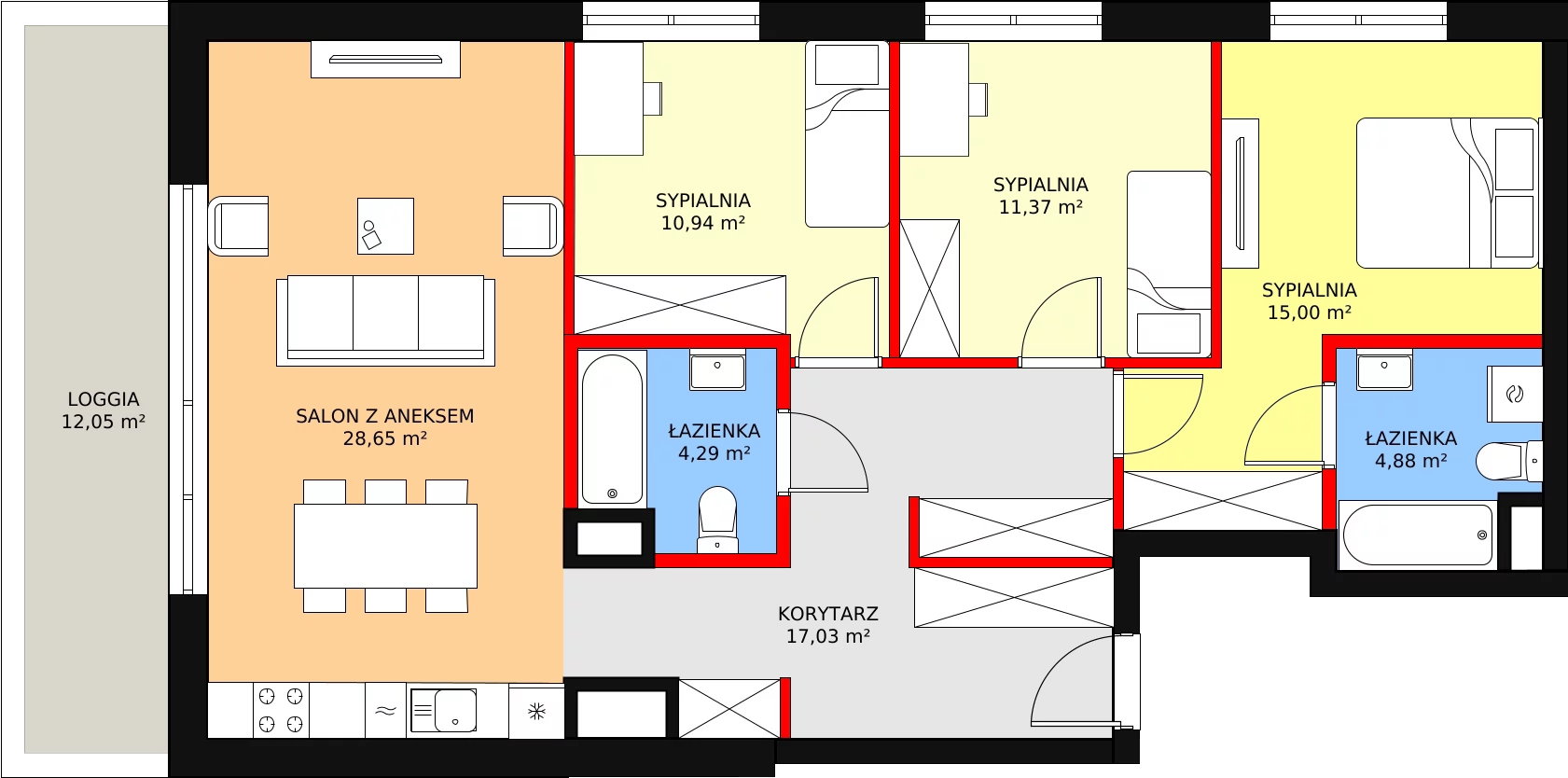 4 pokoje, mieszkanie 96,37 m², piętro 1, oferta nr D.1.1.06, ATAL SKY+, Katowice, Wełnowiec-Józefowiec, Wełnowiec, al. Wojciecha Korfantego 85-89