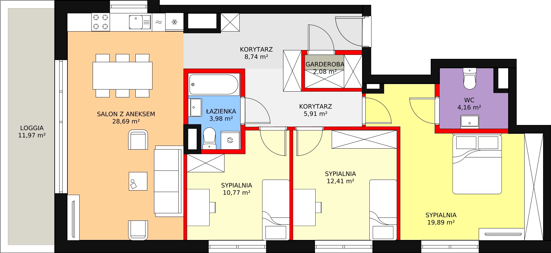 4 pokoje, mieszkanie 100,88 m², piętro 1, oferta nr F.1.1.01, ATAL SKY+, Katowice, Wełnowiec-Józefowiec, Wełnowiec, al. Wojciecha Korfantego 85-89