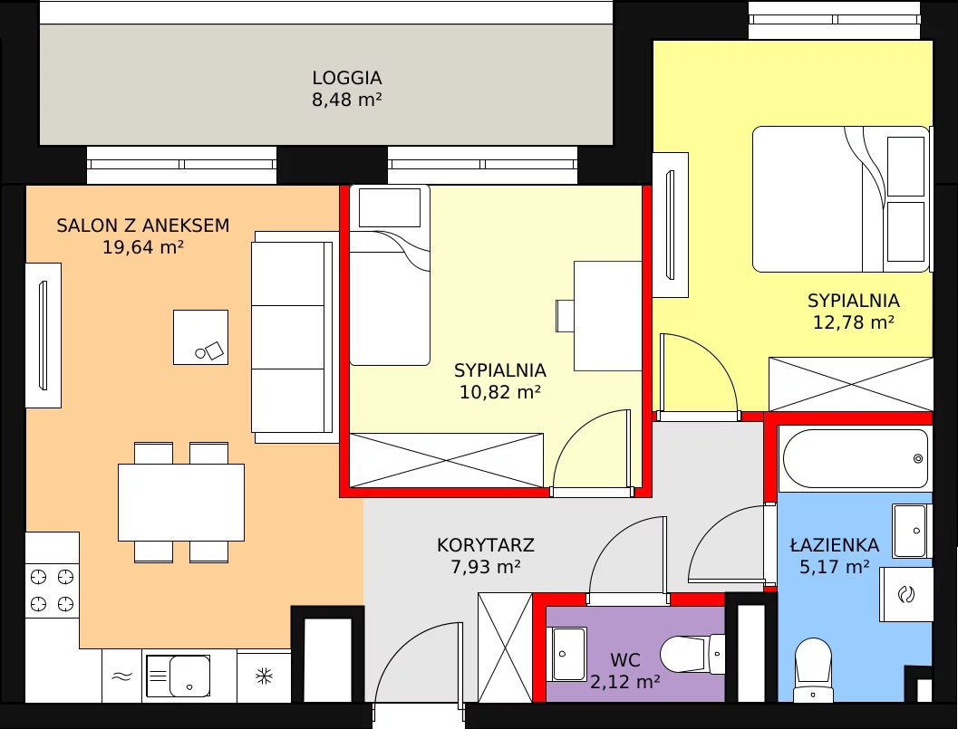 3 pokoje, mieszkanie 60,78 m², piętro 2, oferta nr F.1.2.03, ATAL SKY+, Katowice, Wełnowiec-Józefowiec, Wełnowiec, al. Wojciecha Korfantego 85-89