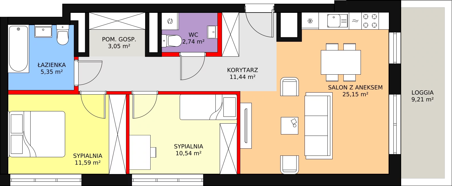 3 pokoje, mieszkanie 72,52 m², piętro 3, oferta nr F.2.3.06, ATAL SKY+, Katowice, Wełnowiec-Józefowiec, Wełnowiec, al. Wojciecha Korfantego 85-89