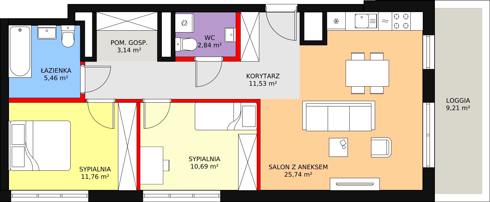 Apartament 74,07 m², piętro 6, oferta nr F.2.6.06, ATAL SKY+, Katowice, Wełnowiec-Józefowiec, Wełnowiec, al. Wojciecha Korfantego 85-89