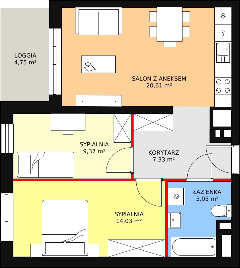 Mieszkanie 56,39 m², piętro 2, oferta nr B1-K1-2-7, Żerniki Na Novo, Wrocław, Żerniki, ul. Maxa Berga