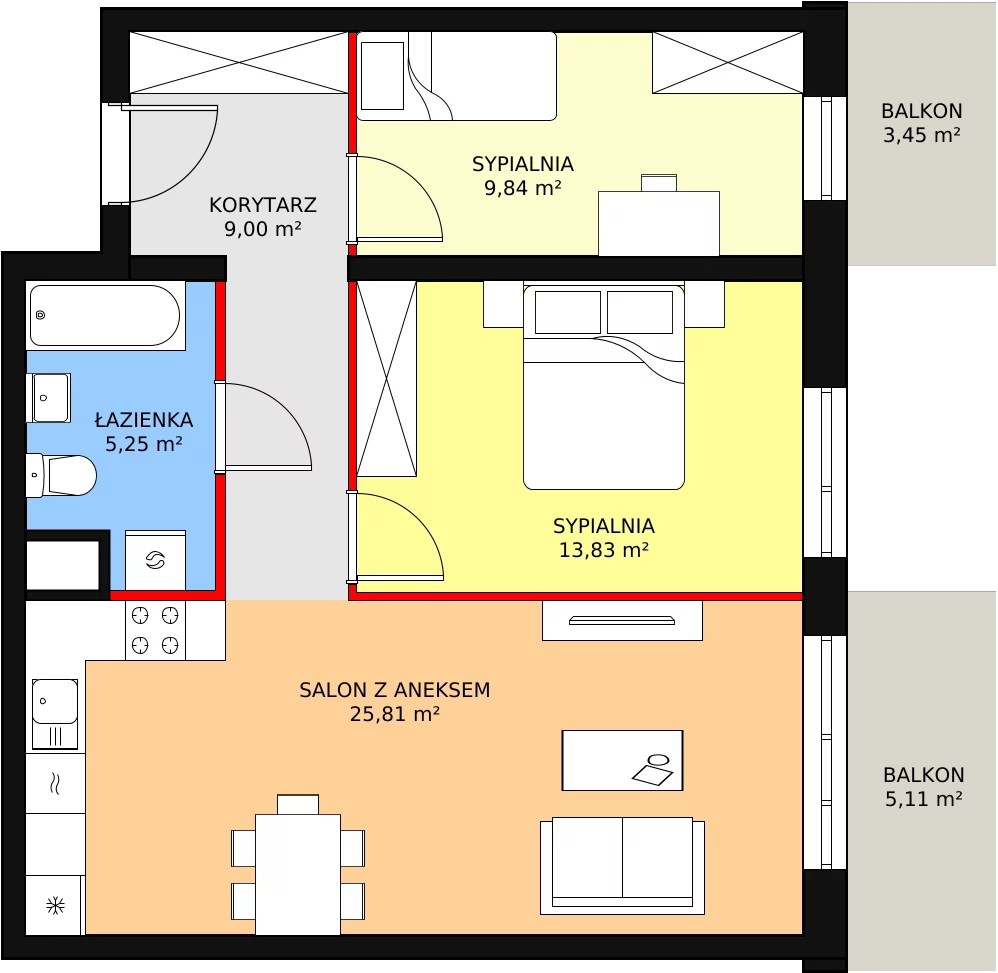 Mieszkanie 63,73 m², piętro 1, oferta nr B2-K1-1-3, Żerniki Na Novo, Wrocław, Żerniki, ul. Maxa Berga