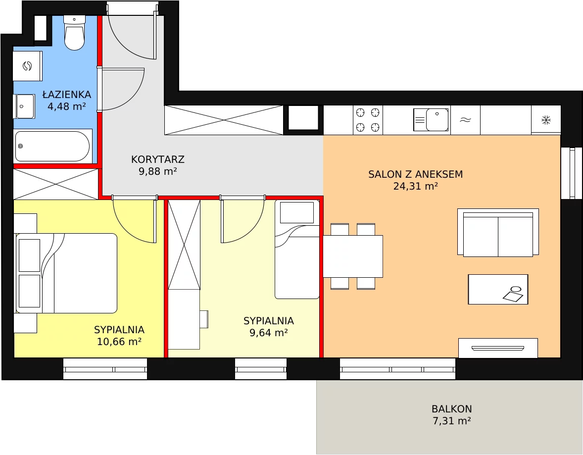 Mieszkanie 58,97 m², piętro 1, oferta nr B2-K1-1-4, Żerniki Na Novo, Wrocław, Żerniki, ul. Maxa Berga