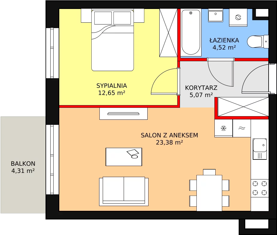 Mieszkanie 45,62 m², piętro 1, oferta nr B3-K1-1-5, Żerniki Na Novo, Wrocław, Żerniki, ul. Maxa Berga