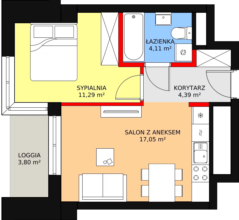 1 pokój, mieszkanie 38,13 m², piętro 1, oferta nr a.1.1.02, ATAL SKY+ II, Katowice, Wełnowiec-Józefowiec, Wełnowiec, al. Wojciecha Korfantego 93-99