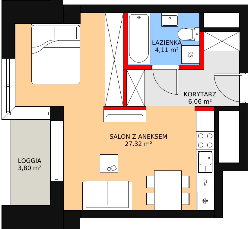 1 pokój, mieszkanie 38,72 m², piętro 1, oferta nr a.1.1.03, ATAL SKY+ II, Katowice, Wełnowiec-Józefowiec, Wełnowiec, al. Wojciecha Korfantego 93-99