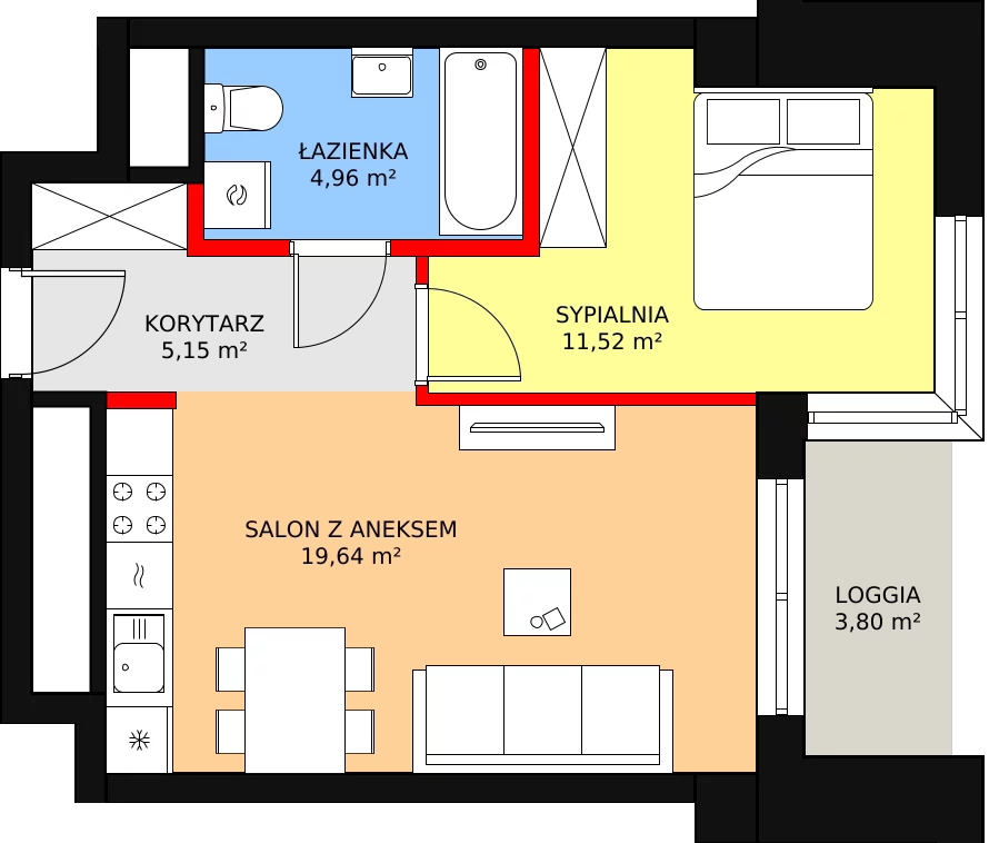 Mieszkanie 42,67 m², piętro 1, oferta nr a.2.1.02, ATAL SKY+ II, Katowice, Wełnowiec-Józefowiec, Wełnowiec, al. Wojciecha Korfantego 93-99