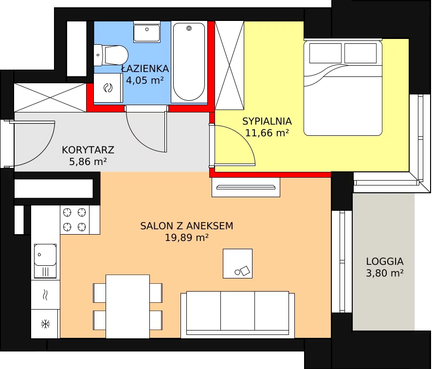 Mieszkanie 42,64 m², piętro 1, oferta nr a.2.1.04, ATAL SKY+ II, Katowice, Wełnowiec-Józefowiec, Wełnowiec, al. Wojciecha Korfantego 93-99