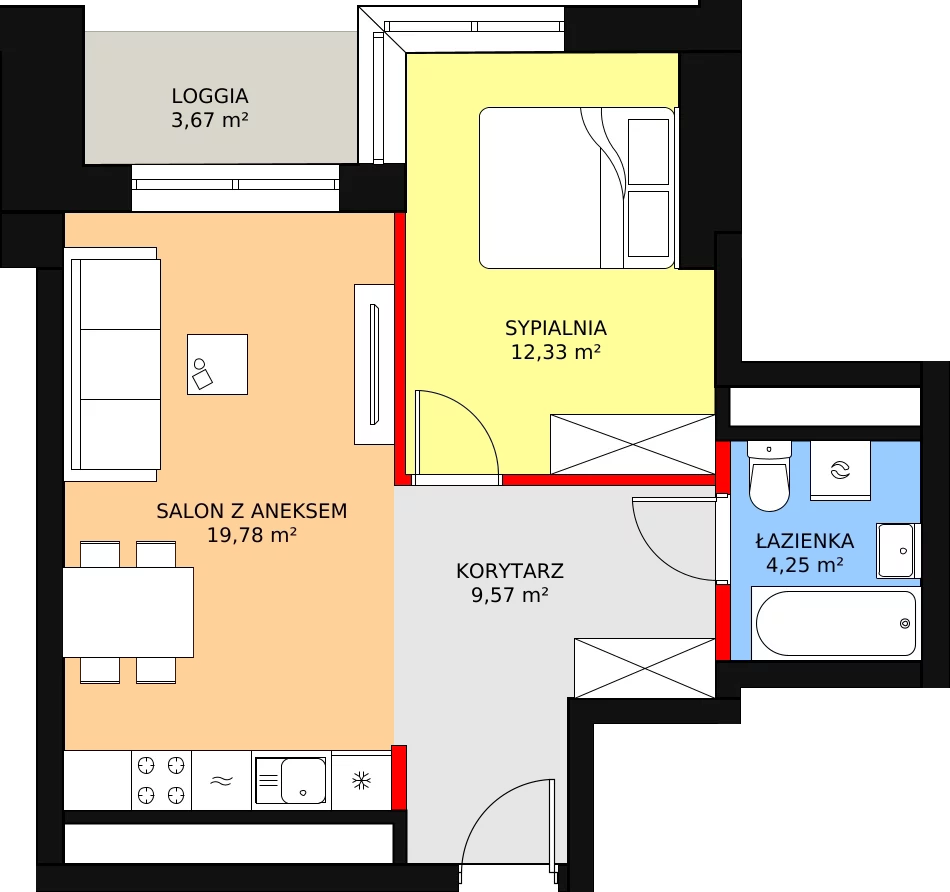 Mieszkanie 47,95 m², piętro 1, oferta nr a.2.1.07, ATAL SKY+ II, Katowice, Wełnowiec-Józefowiec, Wełnowiec, al. Wojciecha Korfantego 93-99