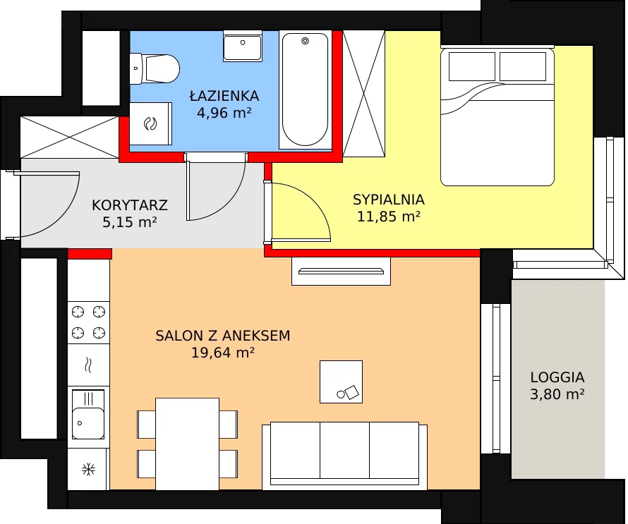 Mieszkanie 43,00 m², piętro 10, oferta nr a.2.10.02, ATAL SKY+ II, Katowice, Wełnowiec-Józefowiec, Wełnowiec, al. Wojciecha Korfantego 93-99