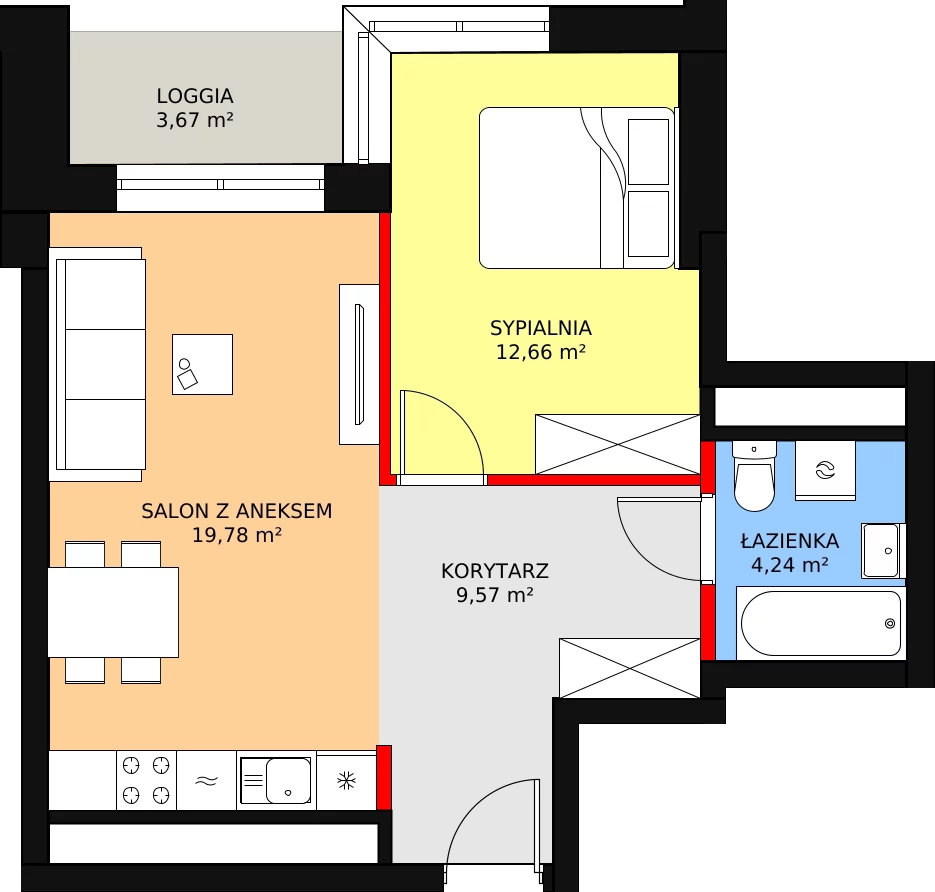 Mieszkanie 48,19 m², piętro 10, oferta nr a.2.10.07, ATAL SKY+ II, Katowice, Wełnowiec-Józefowiec, Wełnowiec, al. Wojciecha Korfantego 93-99