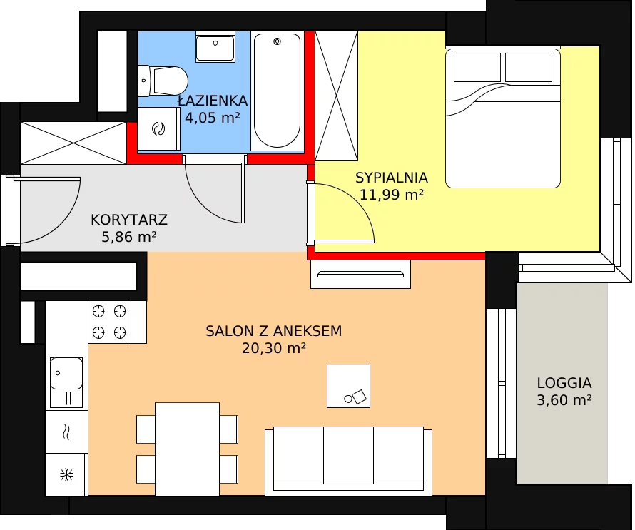 Mieszkanie 43,43 m², piętro 11, oferta nr a.2.11.04, ATAL SKY+ II, Katowice, Wełnowiec-Józefowiec, Wełnowiec, al. Wojciecha Korfantego 93-99