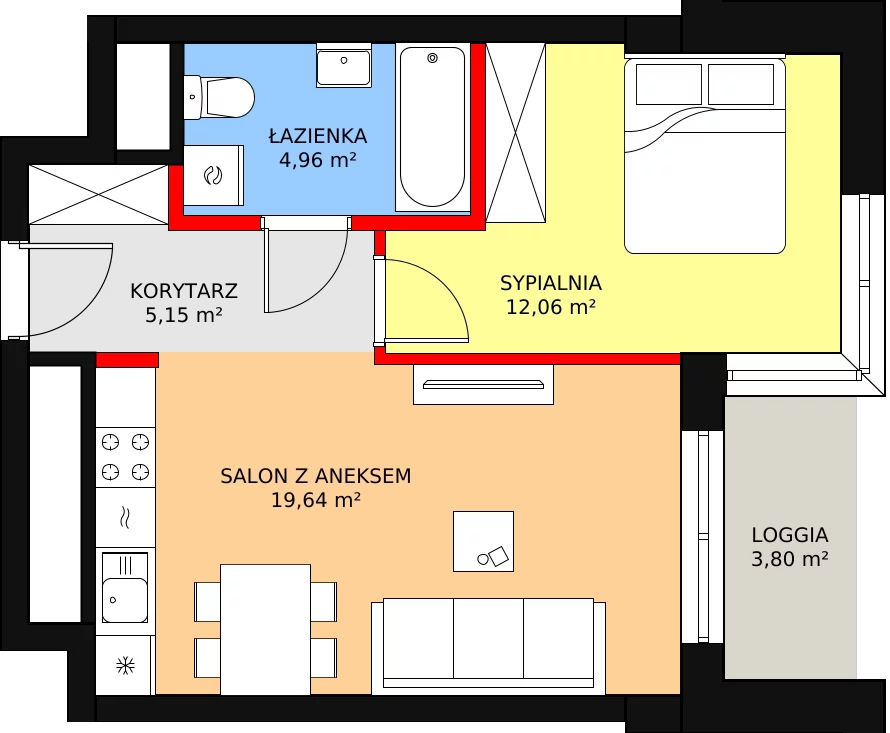 Mieszkanie 43,21 m², piętro 15, oferta nr a.2.15.02, ATAL SKY+ II, Katowice, Wełnowiec-Józefowiec, Wełnowiec, al. Wojciecha Korfantego 93-99