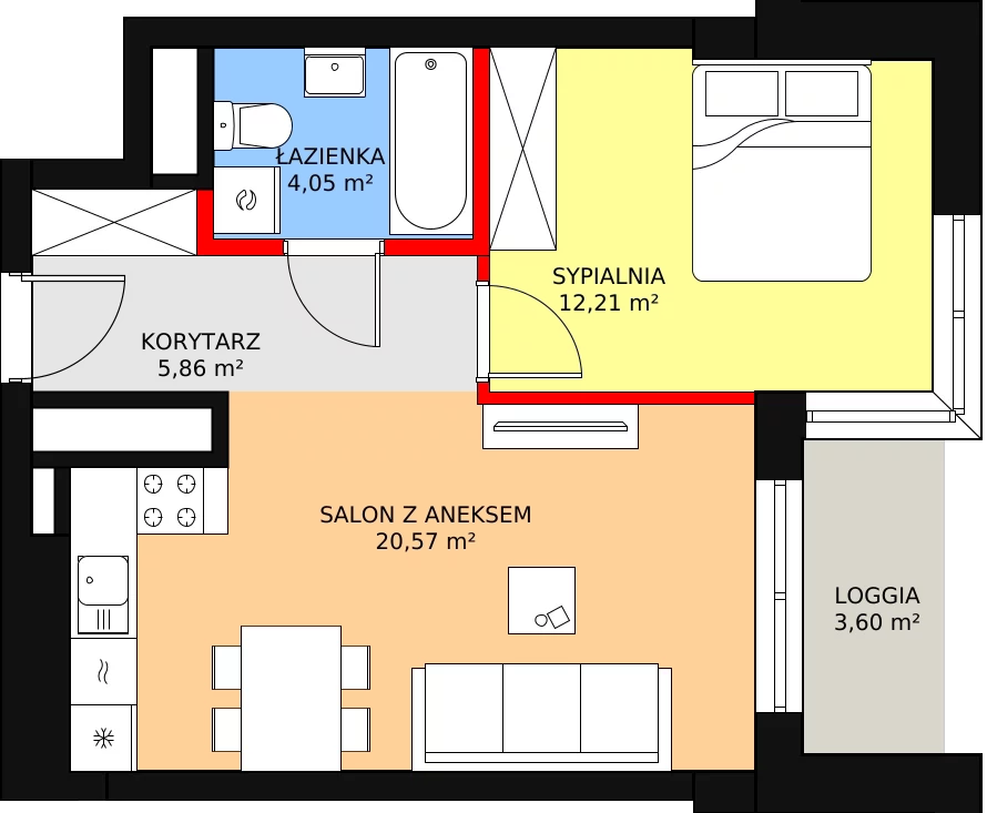 Mieszkanie 43,87 m², piętro 15, oferta nr a.2.15.04, ATAL SKY+ II, Katowice, Wełnowiec-Józefowiec, Wełnowiec, al. Wojciecha Korfantego 93-99