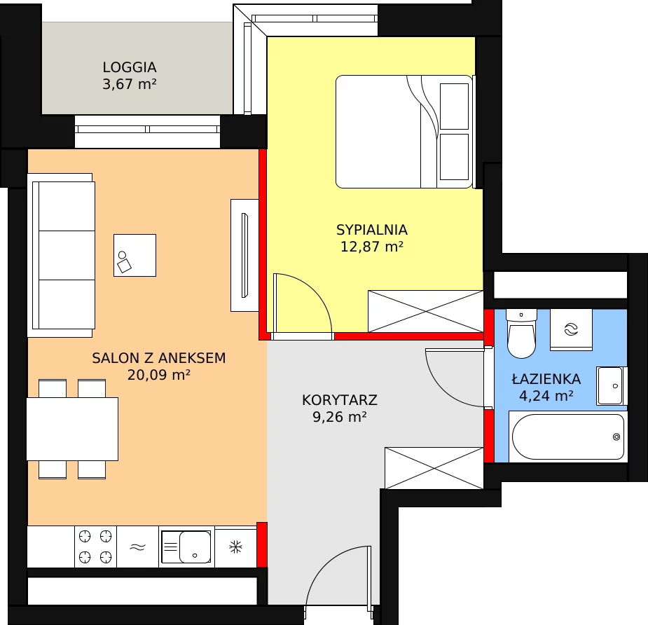 Mieszkanie 48,35 m², piętro 15, oferta nr a.2.15.07, ATAL SKY+ II, Katowice, Wełnowiec-Józefowiec, Wełnowiec, al. Wojciecha Korfantego 93-99