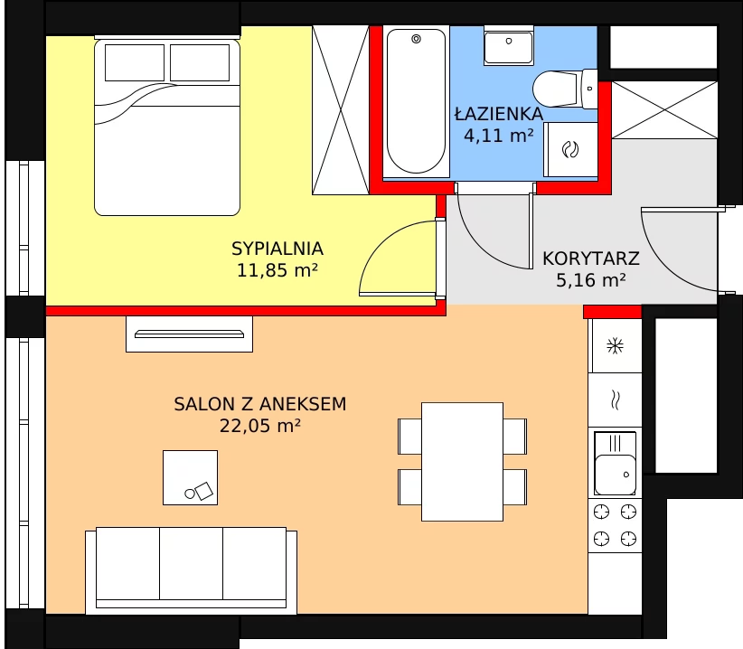 Mieszkanie 43,96 m², piętro 16, oferta nr a.1.16.03, ATAL SKY+ II, Katowice, Wełnowiec-Józefowiec, Wełnowiec, al. Wojciecha Korfantego 93-99