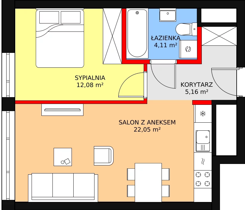 Mieszkanie 44,20 m², piętro 30, oferta nr a.1.30.02, ATAL SKY+ II, Katowice, Wełnowiec-Józefowiec, Wełnowiec, al. Wojciecha Korfantego 93-99