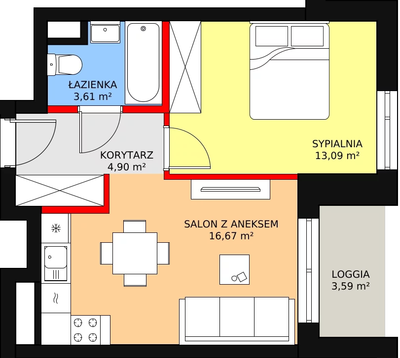 Apartament 39,97 m², piętro 1, oferta nr b.1.1.02, ATAL SKY+ II, Katowice, Wełnowiec-Józefowiec, Wełnowiec, al. Wojciecha Korfantego 93-99