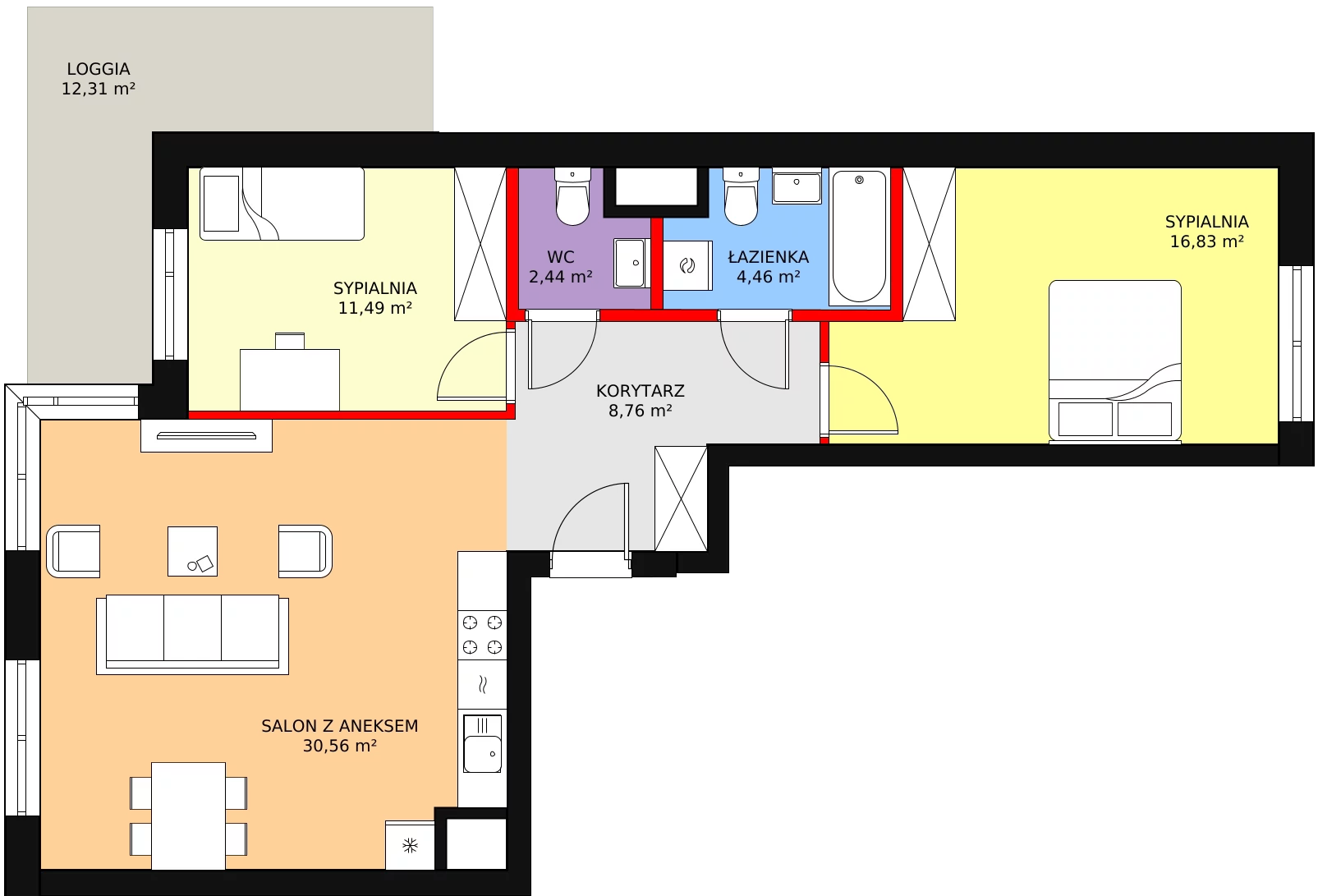 Mieszkanie 77,11 m², piętro 1, oferta nr b.2.1.01, ATAL SKY+ II, Katowice, Wełnowiec-Józefowiec, Wełnowiec, al. Wojciecha Korfantego 93-99