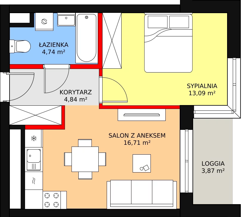 Apartament 40,89 m², piętro 1, oferta nr b.2.1.03, ATAL SKY+ II, Katowice, Wełnowiec-Józefowiec, Wełnowiec, al. Wojciecha Korfantego 93-99