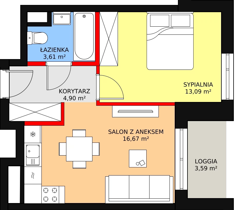 Apartament 40,94 m², piętro 10, oferta nr b.1.10.02, ATAL SKY+ II, Katowice, Wełnowiec-Józefowiec, Wełnowiec, al. Wojciecha Korfantego 93-99