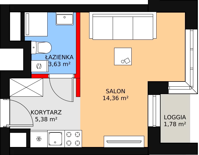 1 pokój, apartament inwestycyjny 24,12 m², piętro 1, oferta nr c.1.1.07, ATAL SKY+ Apartamenty Inwestycyjne, Katowice, Wełnowiec-Józefowiec, Wełnowiec, al. Wojciecha Korfantego 85